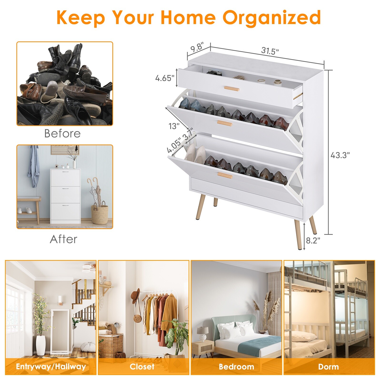 White 2 Flip Drawers Shoe Cabinet, Luxury Shoe Storage & Shoe Rack