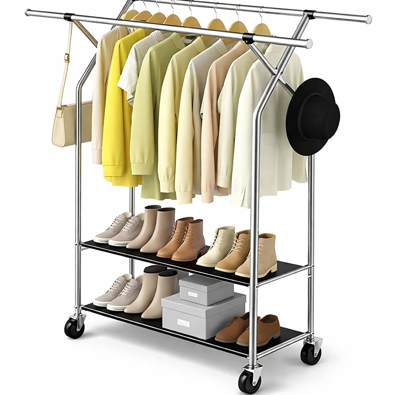 Heavy Duty Clothes Rack,Double Rods Clothing Rack for Hanging Clothes,Rolling