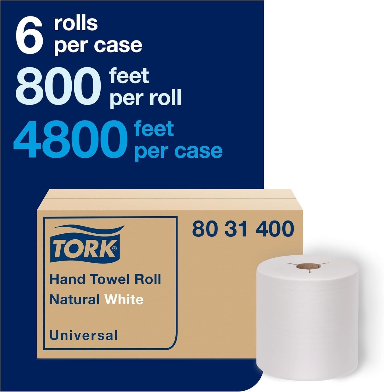 Hand Towel Roll Natural White H80, Universal, 100% Recycled Fiber, 6 Rolls x …