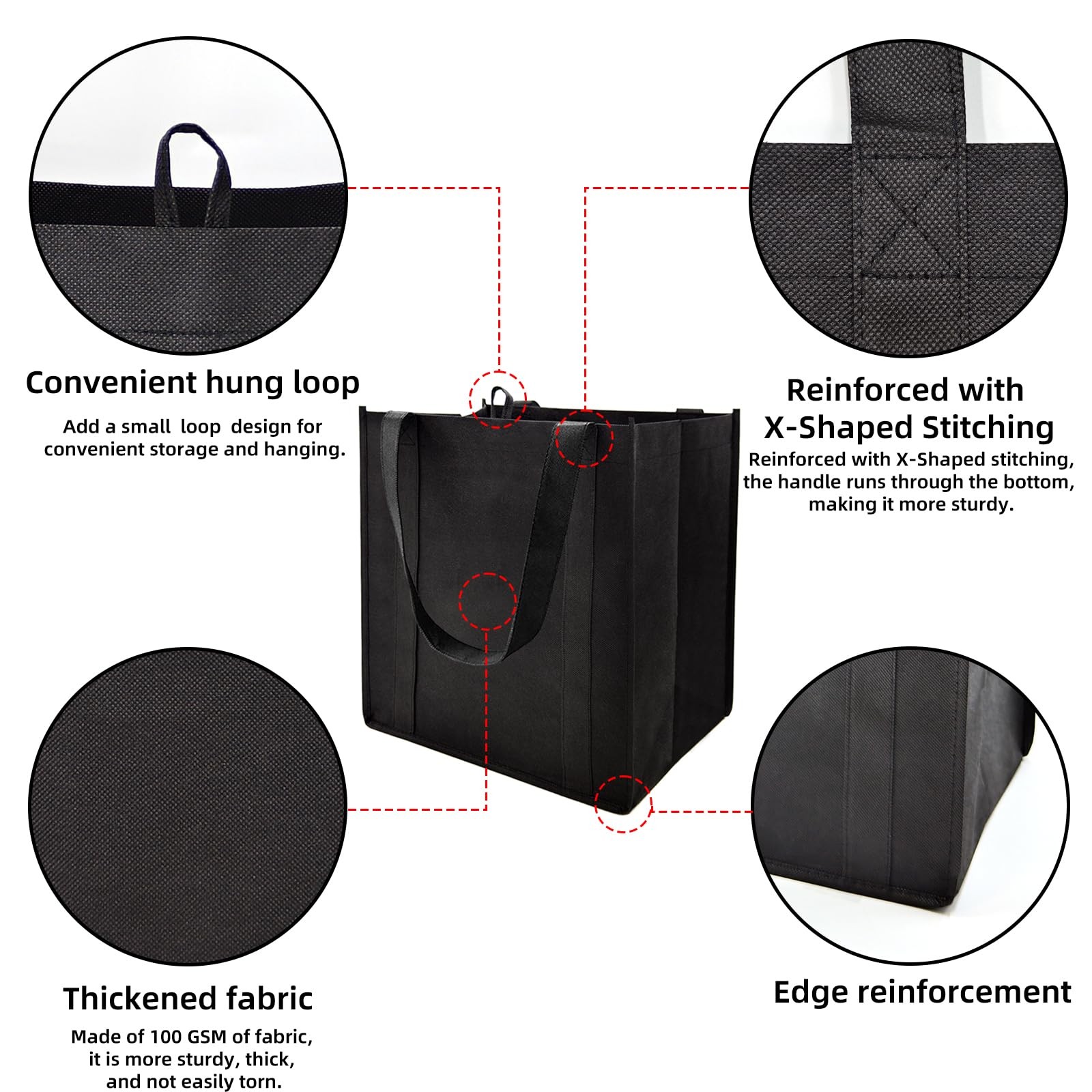 6 Pack Reusable Reinforced Handle Grocery Bags Totes Load 45 lbs Washable