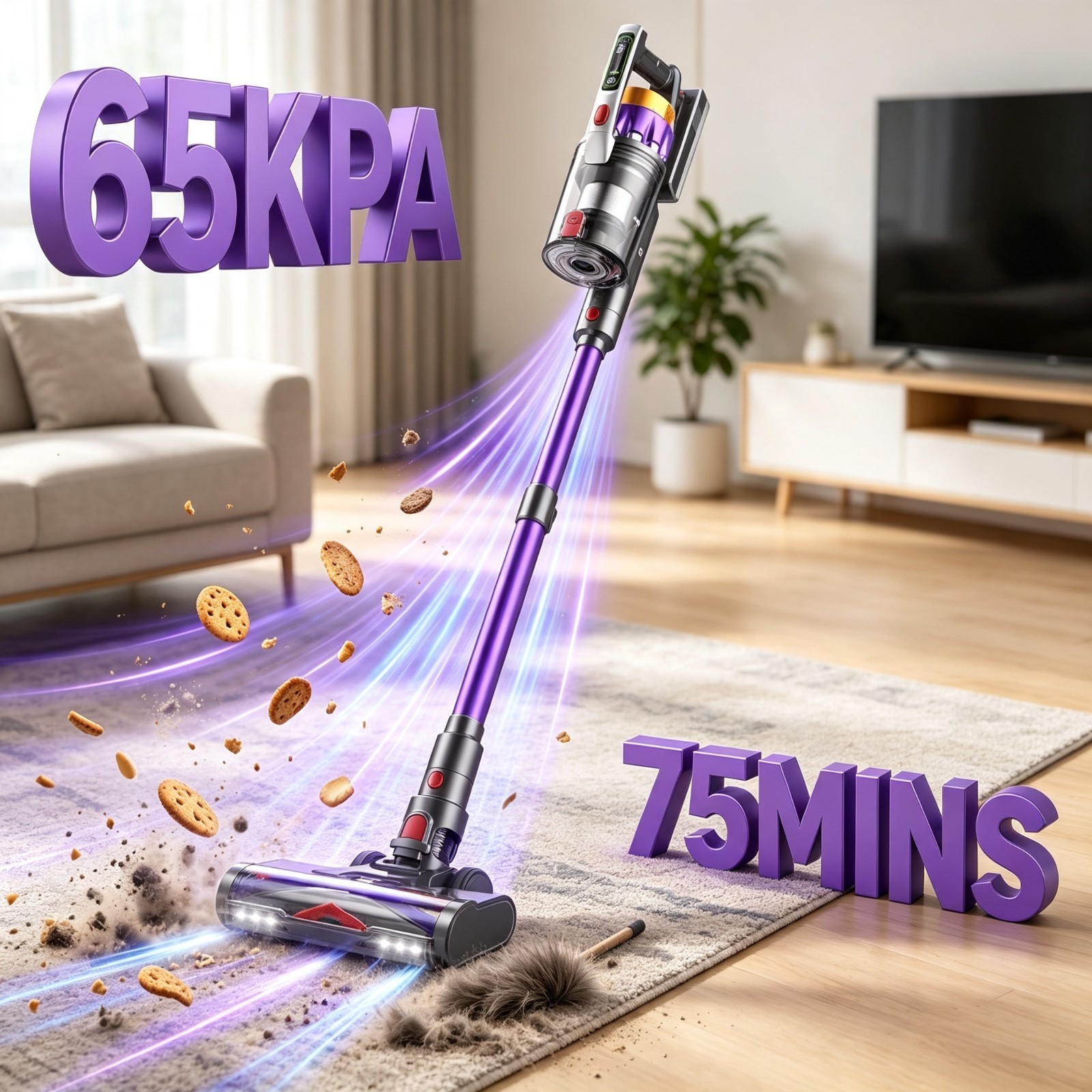 Cordless Vacuum Cleaner 65KPA 75min Stick Pet Hairs Hardwood Wooden Floor Carpet