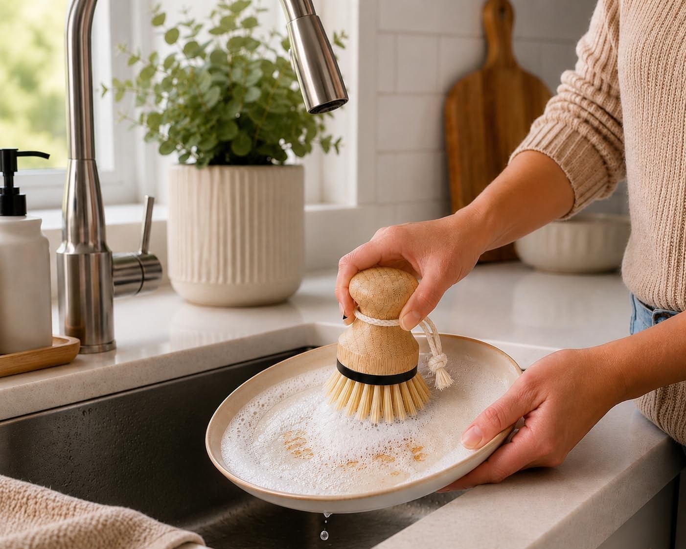 Bamboo Palm Brush Set, 2 Pack Dish Scrub Brushes for Pots, Pans, Dishes, Sink &