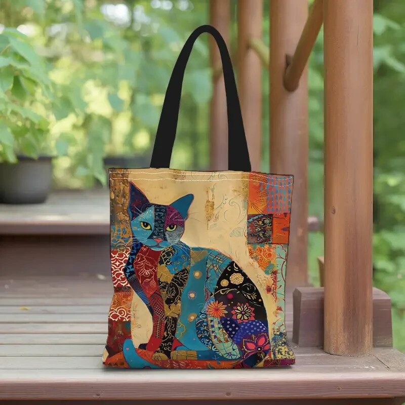 Flower Cat Pattern Tote Bag, Aesthetic Canvas School Shoulder Bag Lightweight