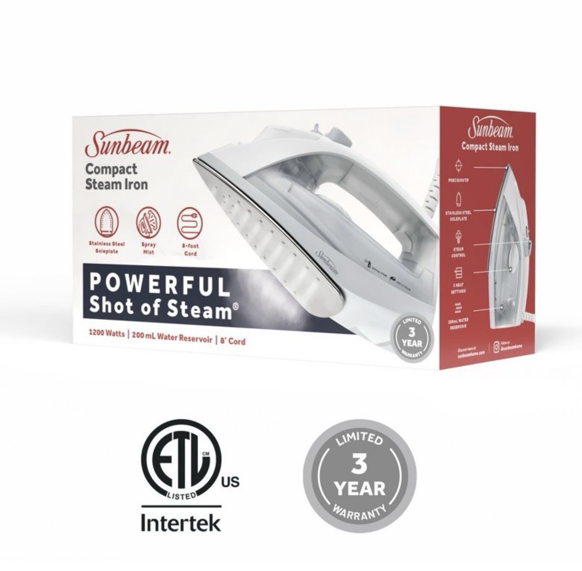 Sunbeam Compact Steam Iron 1200W 200mL Stainless Soleplate Shot of Steam