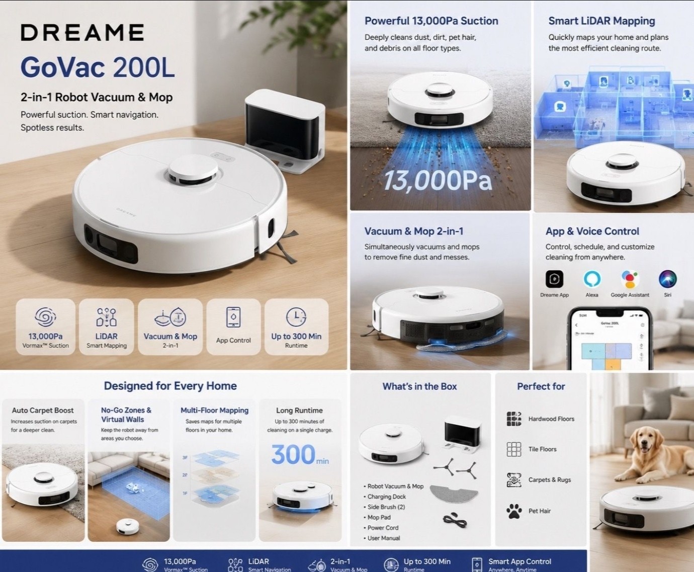 Dreame GoVac 200L Robot Vacuum & Mop 13,000Pa App Control Smart Mapping