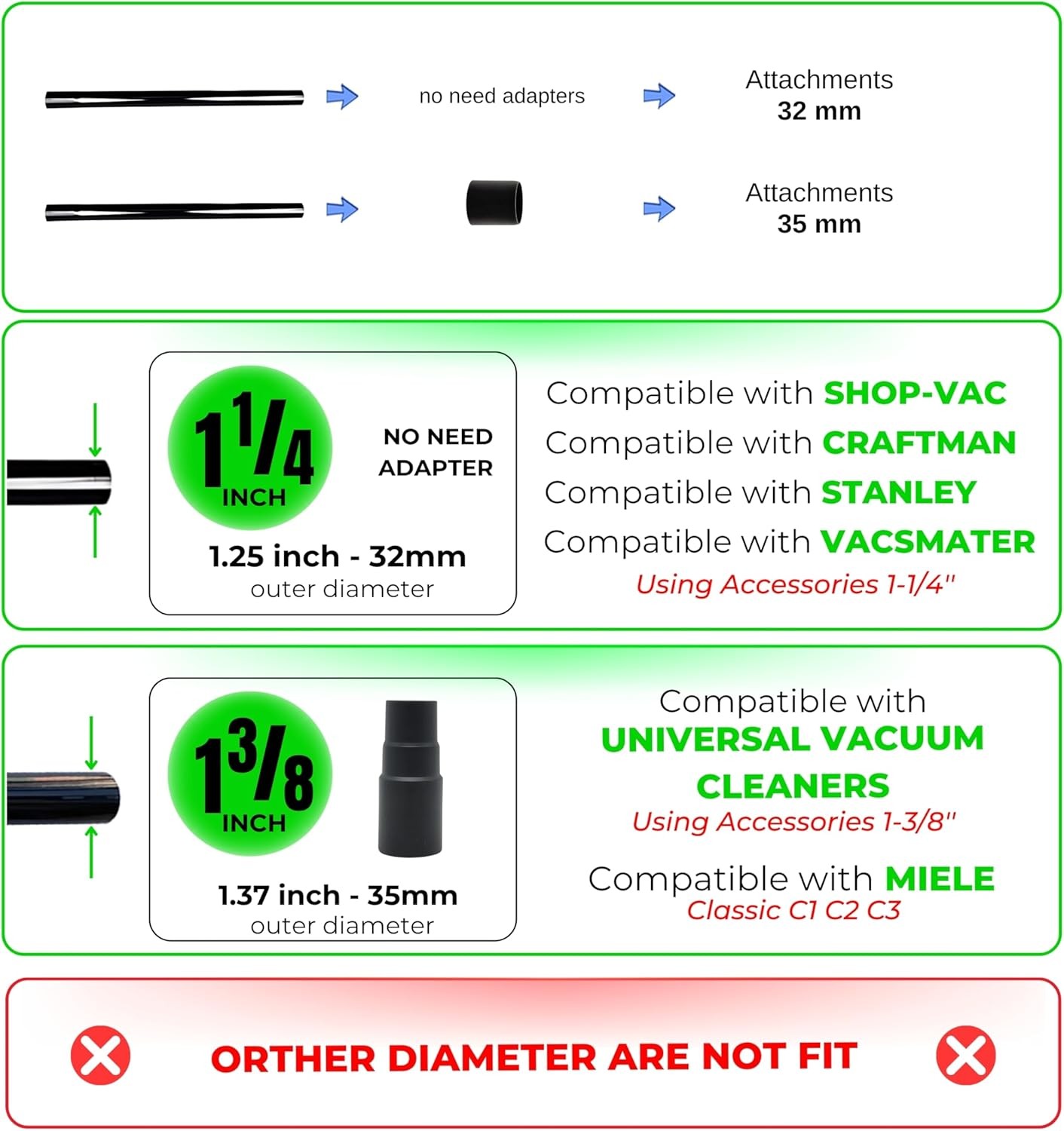 5Pack 1.25 Inch Vacuum Extension Wands plus 1-3/8” to 1-1/4” Vacuum Hose