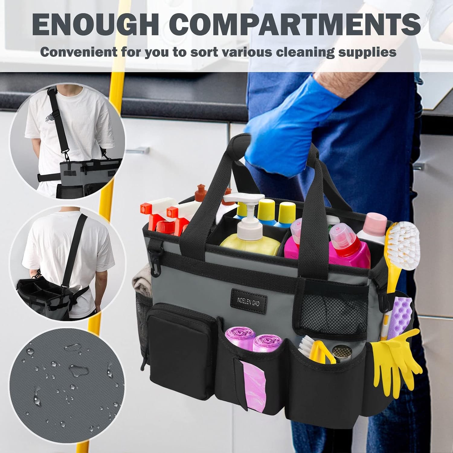 Wearable Cleaning Caddy Bag Adjustable Shoulder Waist Straps Grey Large