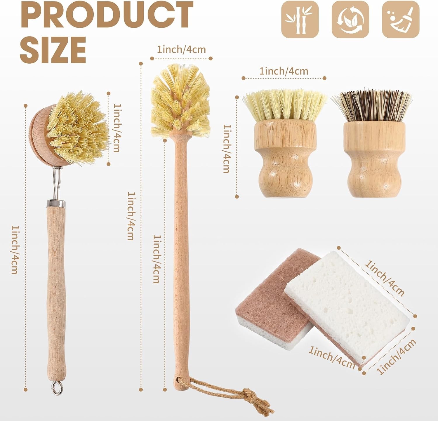 6 Pack Bamboo Dish Brush & Sponge Set, Wooden Handle Kitchen Scrub Brushes with