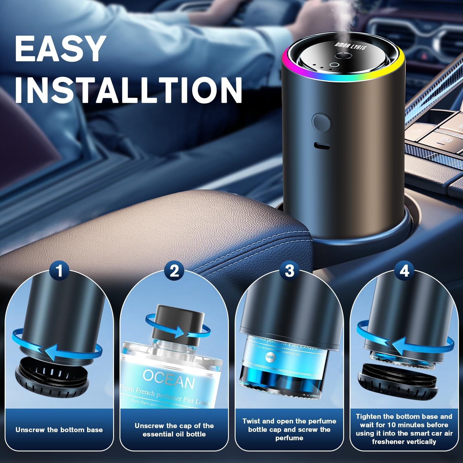 Car Air Freshener Diffuser with 100ml Perfume, 6Months Lasting, RGB Light