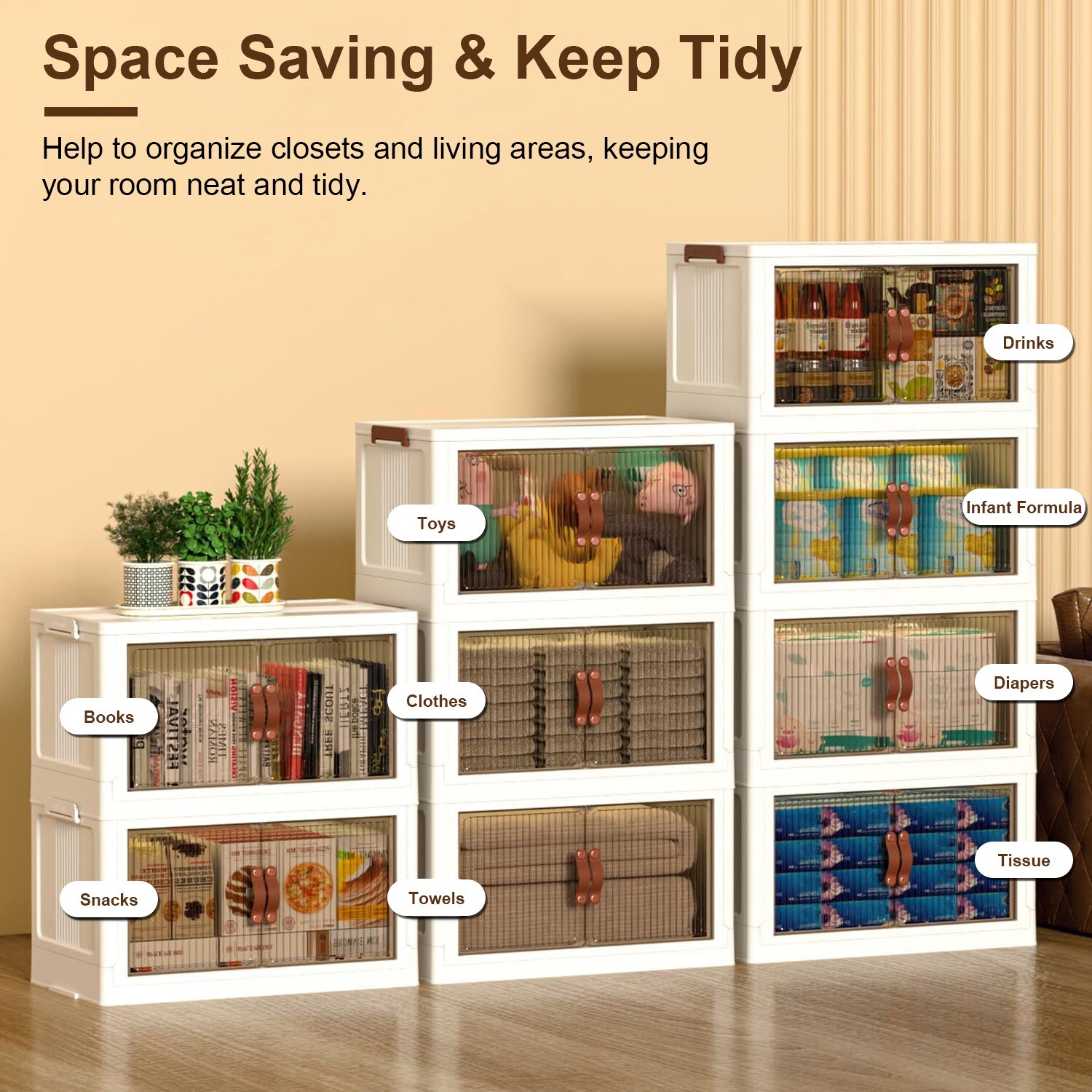 3 Pack Stackable Storage Bins with Wheels & Lids Magnetic Door Plastic Container