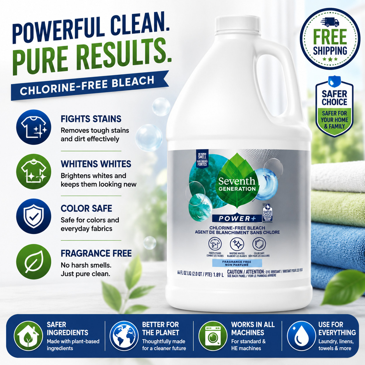 Seventh Generation Bleach 3-in-1 Stain Fighter | 64 fl oz | Free Shipping USA