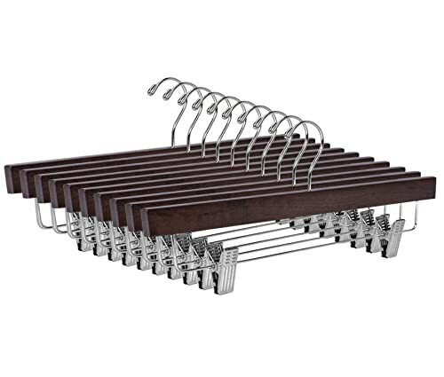 High-Grade Wooden Pants Hangers with Metal Clips 10 Pack Grip Clip Pants Hanger,