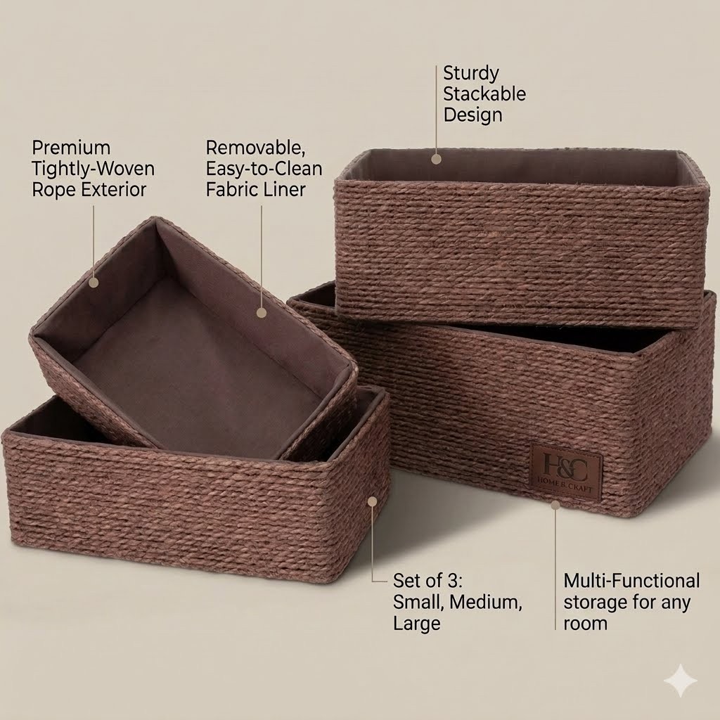 4 Pack Woven Storage Baskets Paper Rope Basket Set Closet Organizer Bins Brown