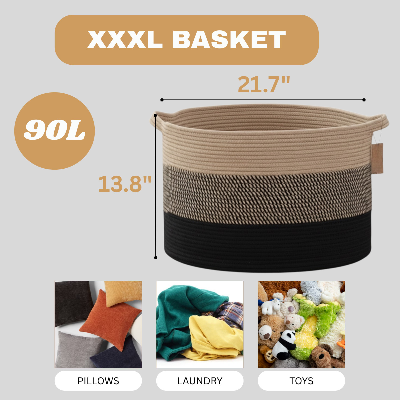 XXXL Cotton Rope Storage Basket Baby Laundry Toys Woven hamper 21.7″x13.8″