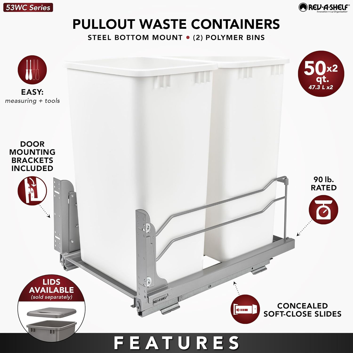 Dual Pullout Trash Cans for Kitchen Cabinet – 50 Quart, Soft-Close, Orion Gray