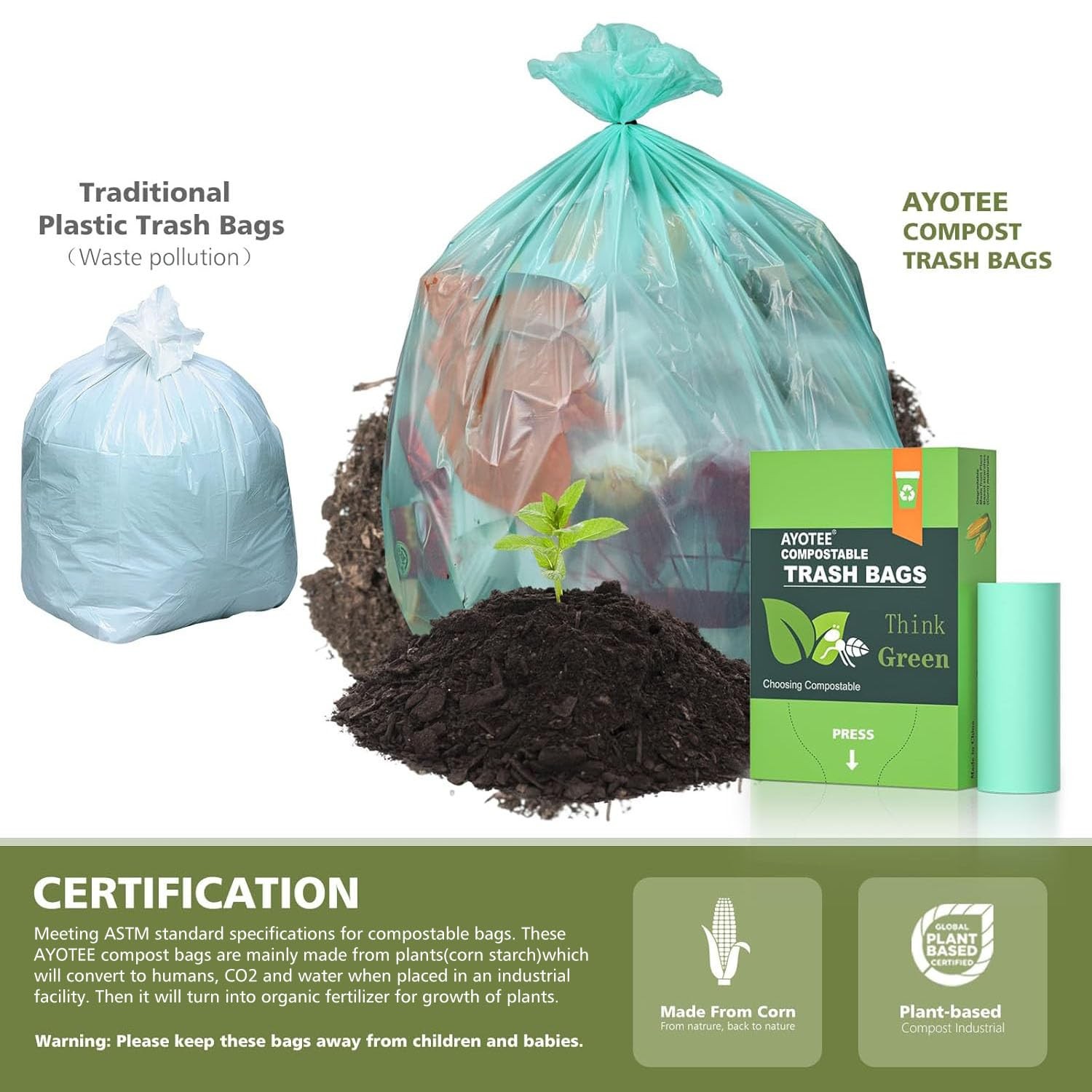 AYOTEE Compostable Trash Bags 13 Gallon Tall Kitchen Trash Bags 45 Count Biodegr