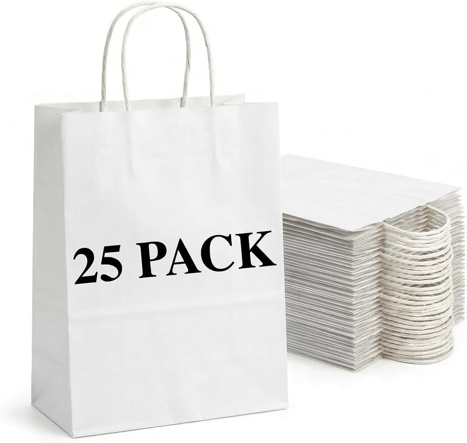 25Pcs White Paper Bags with Handles Bulk Medium 8.3×4.3×10.5 Inch White Kraft