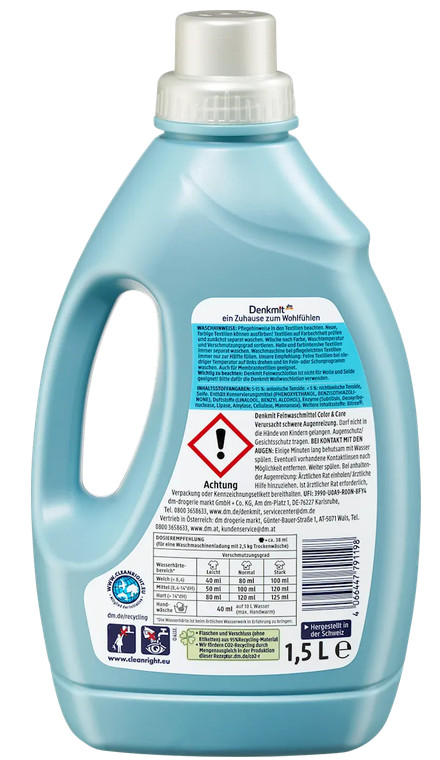 10 x 1.5 L Denkmit Fine detergent liquid Color&Care, 30 Wl