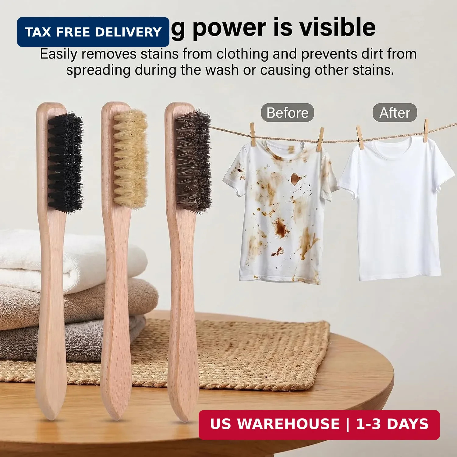 3pcs Wood Laundry Stain Brush Set Tough Stain Remover Boar Bristle Brushe