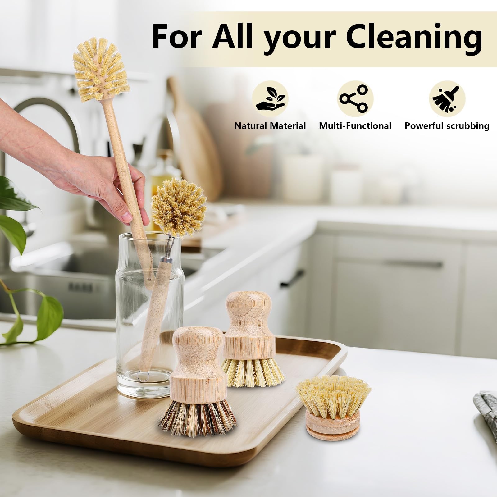 5 Pack Dish Brush Set, Wooden Dish Brush with 14’’ Bottle Brush, Natural Kitc…