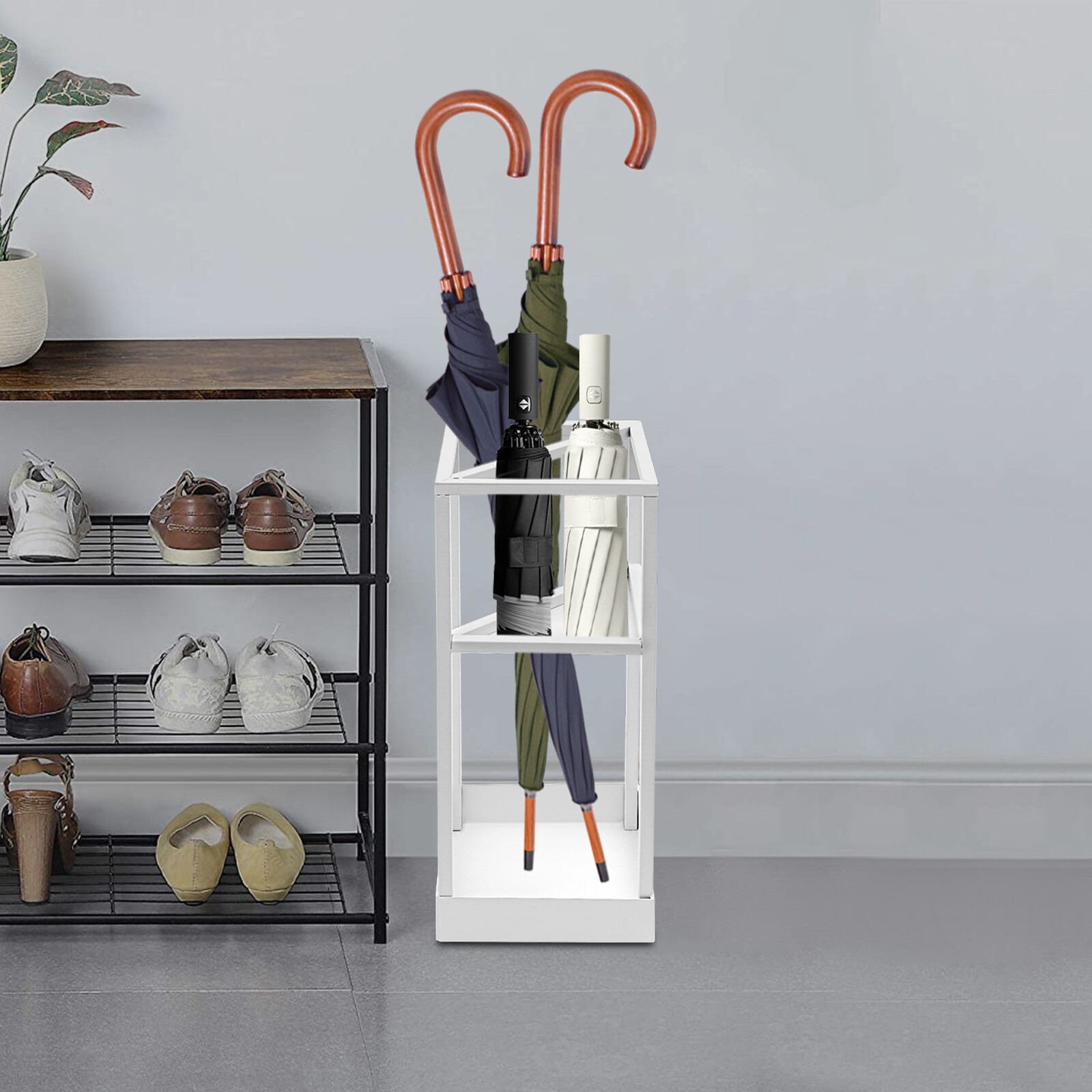 Metal Square Umbrella Rack Cane Holder Modern Entryway Umbrella Rack w/Drip Tray