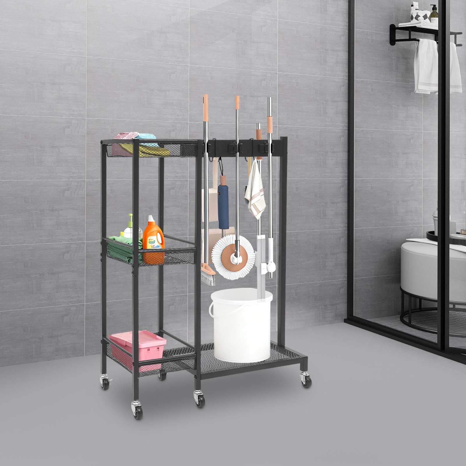Mobile Cleaning Trolley Cart with Wheels 25.6×11.8×33.5 Inch for Home Office