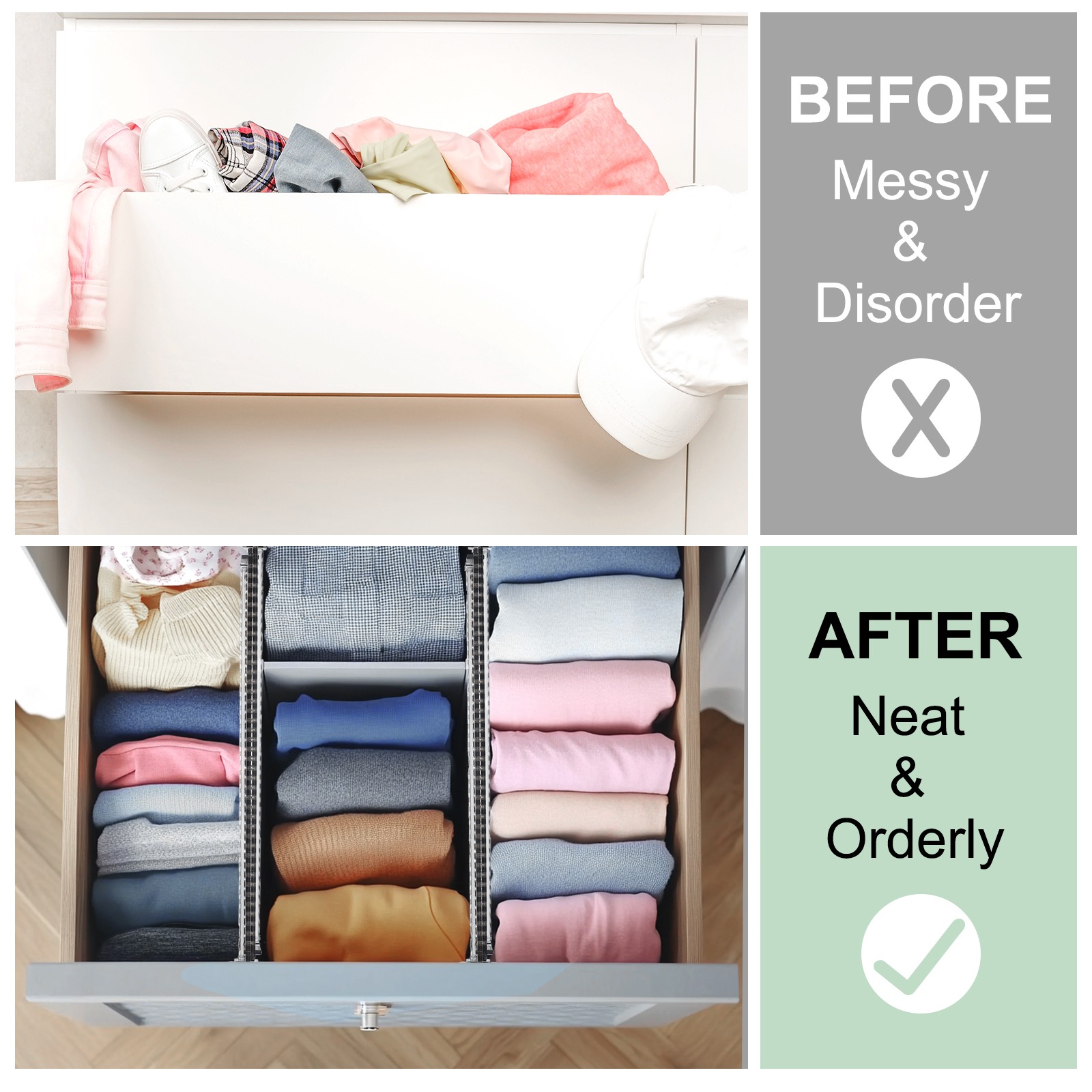 2 Pack 3.1″ High 10.8″ to 20″ Expandable Drawer Dividers Organizer, Clear Black
