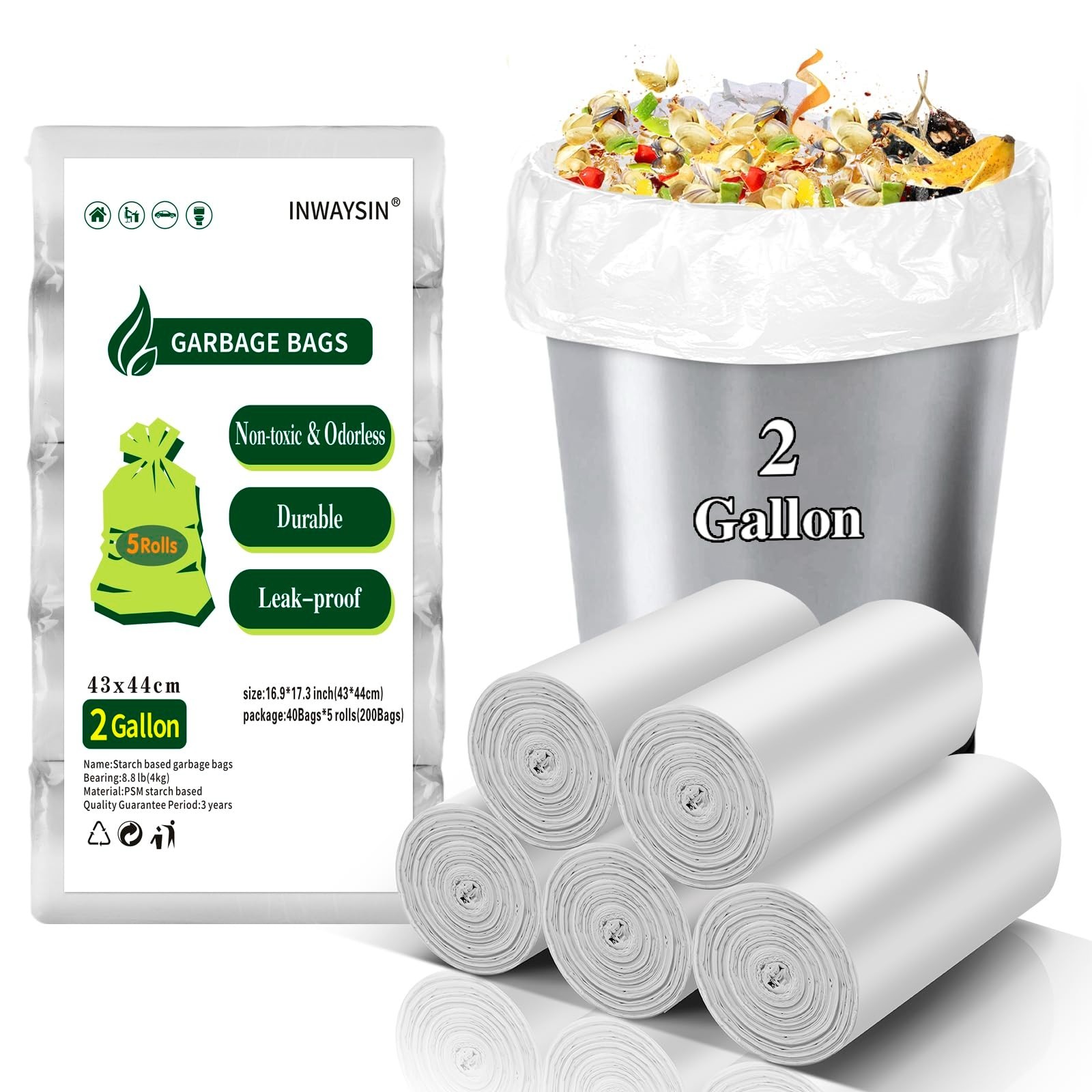 Compostable 2 Gallon Trash Bags – Biodegradable Bulk 200 Count Unscented Waste L
