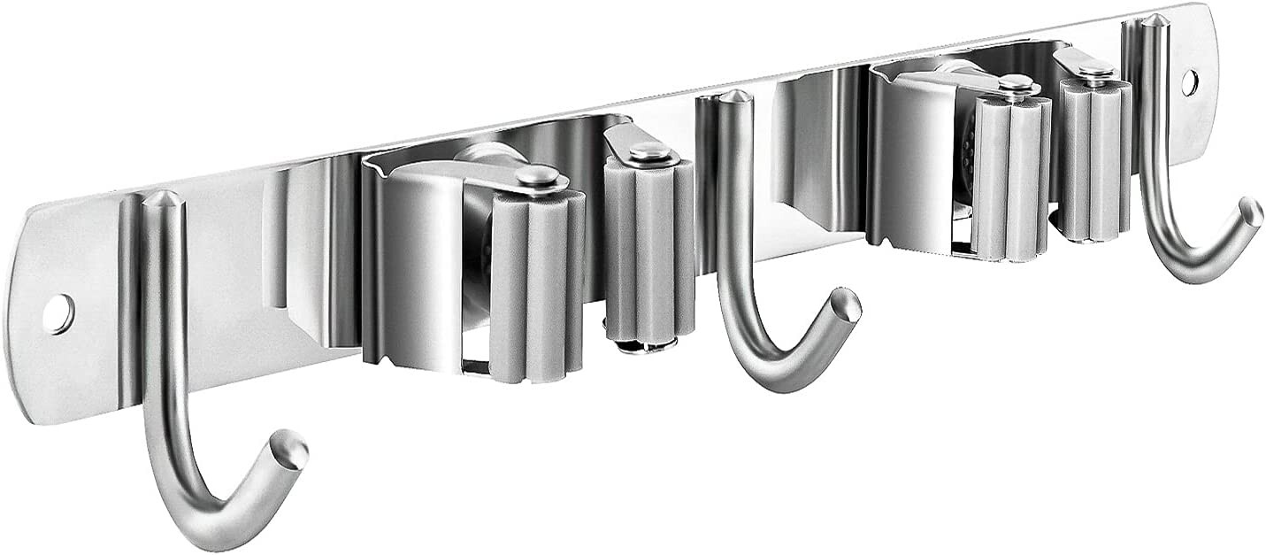 2 Racks 3 Hooks Wall Mounted Stainless Steel Heavy Duty Broom and Mop Holder
