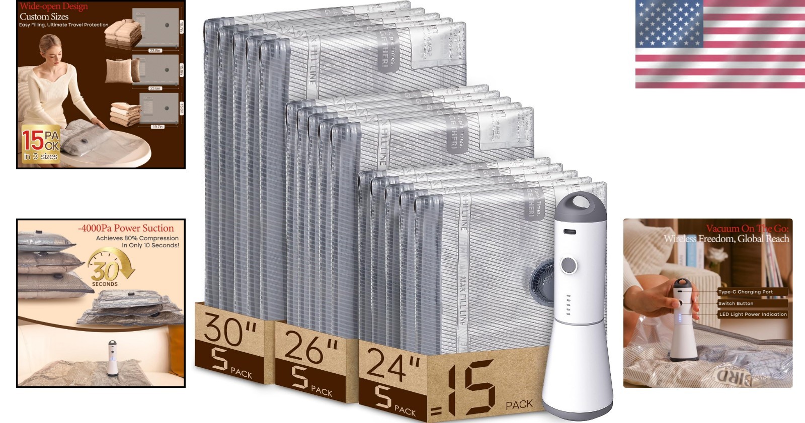 Durable 15-Pack Vacuum Bags for Clothing – Rechargeable Travel Pump Included