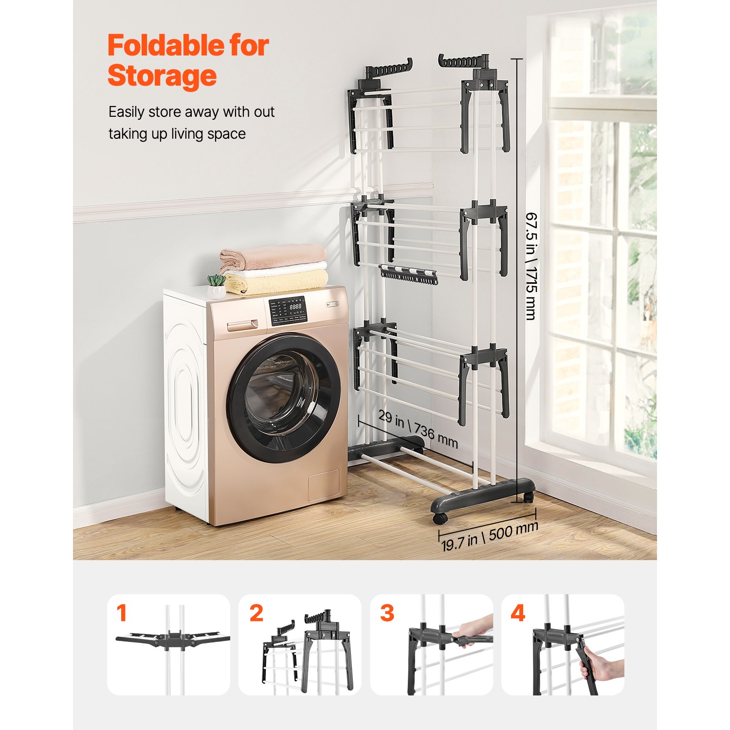 67.5“ Foldable Clothes Drying Rack Rolling Folding 4-Tier Dryer Hanger 4 Castors