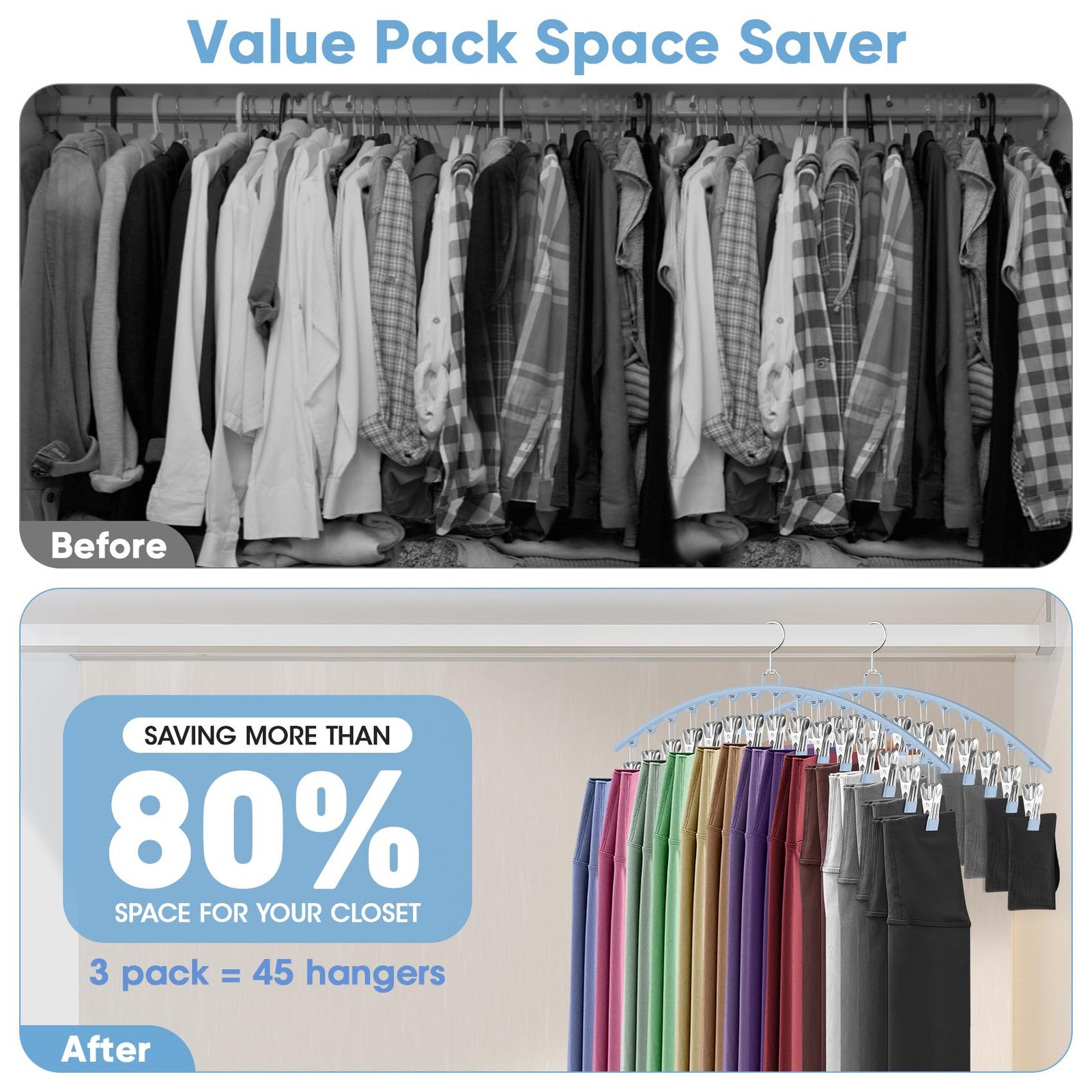 6 Pack Legging Organizer For Closet Hanging Pants Hangers With 15 Clips Holds 45
