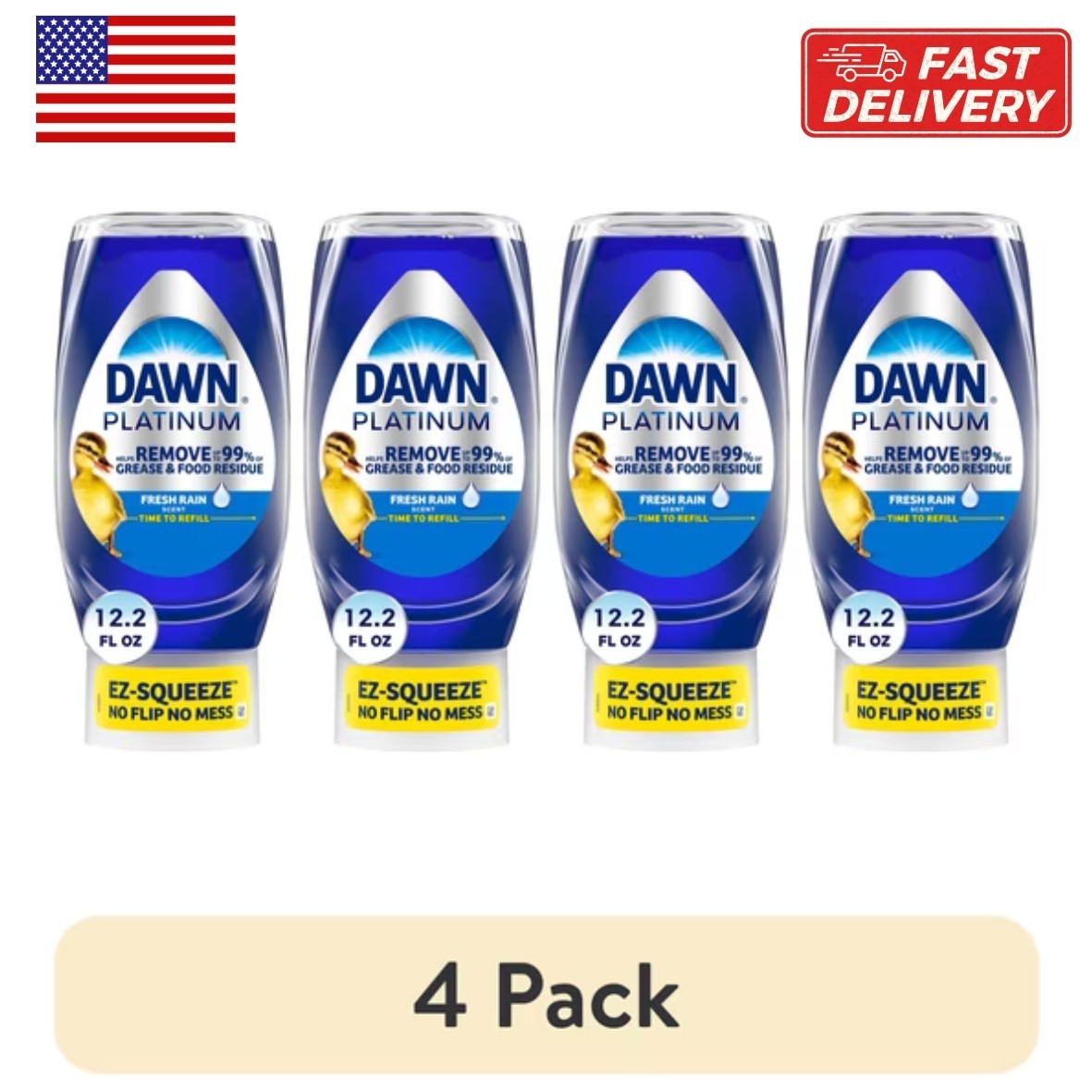 (4 pack) Dawn Platinum EZ-Squeeze Dish Soap, Fresh Rain, 12.2 oz – Grease Remova