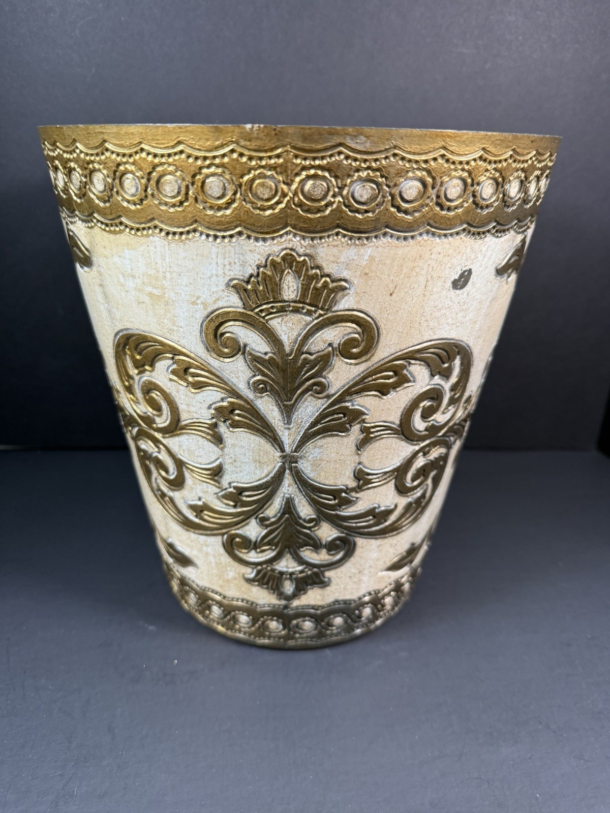 Vintage Florence Italy Florentine White Gold Gilt Wastebasket 10 1/2