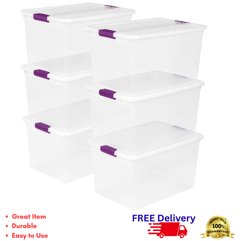 Sterilite 66 Qt ClearView Latch Box Plastic Storage Bin Container Clear 6-Pack