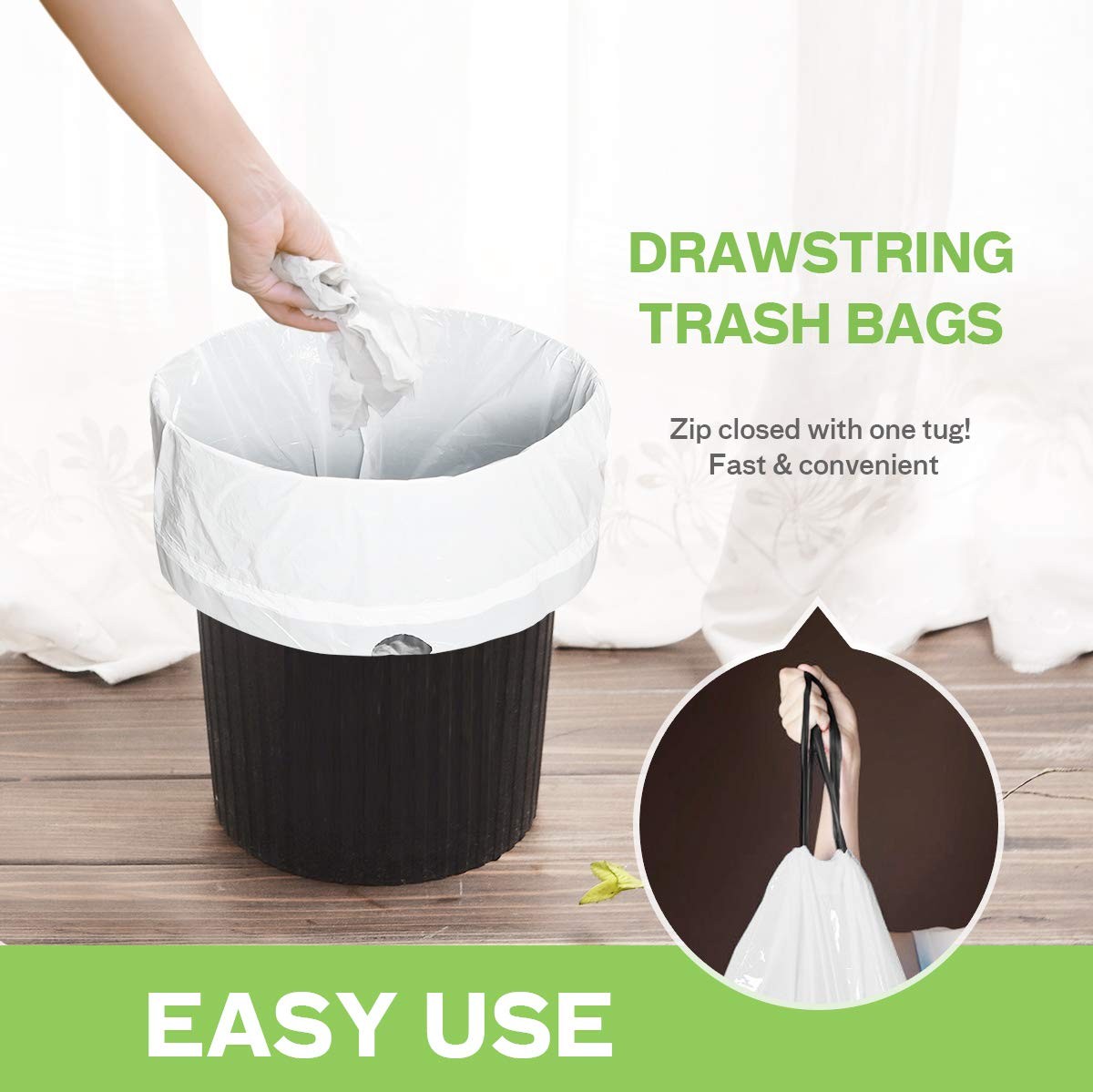 4 Gallon 72 Counts Strong Drawstring Trash Bags 1 Count (Pack of 72), White
