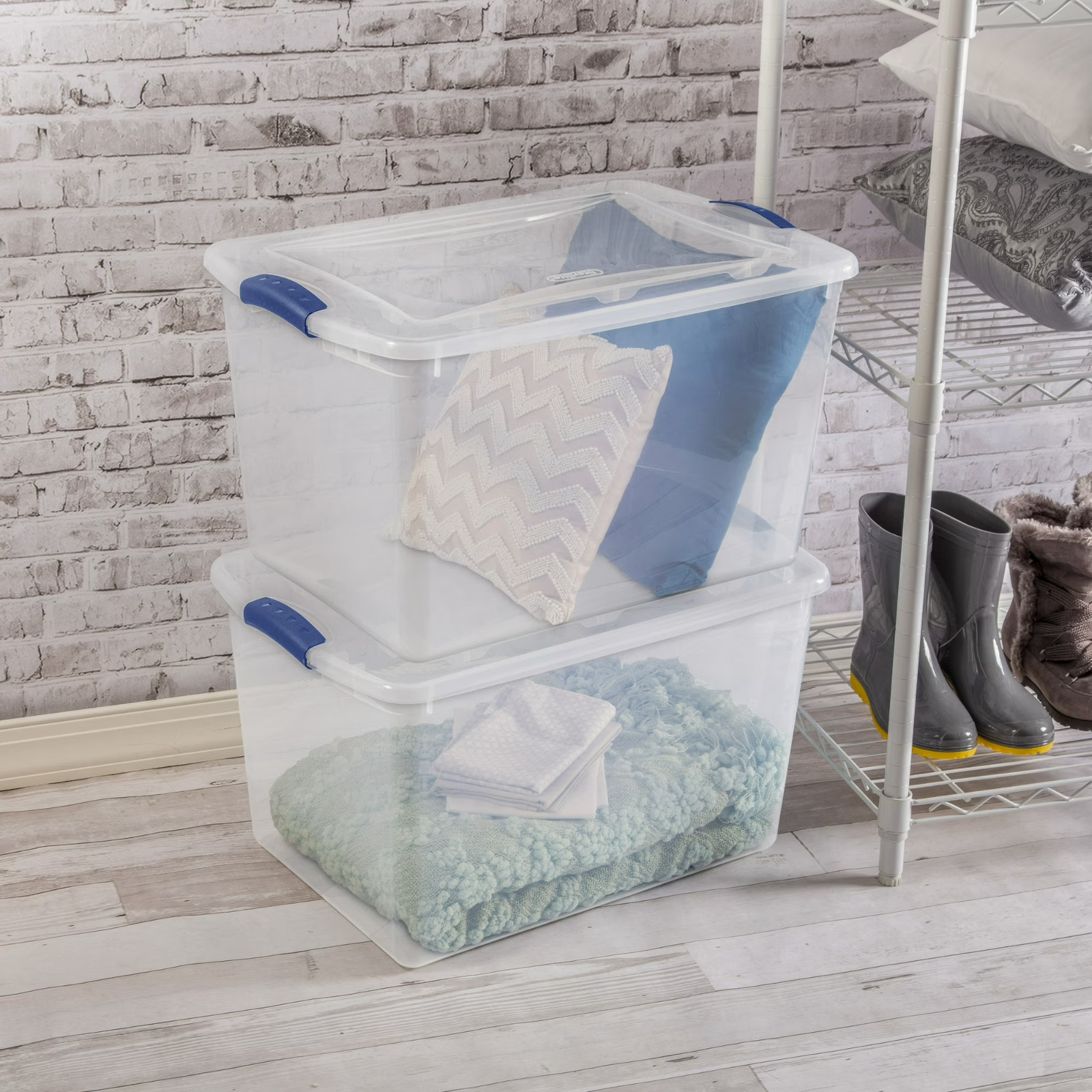 (Pack of 2) Stackable Plastic Tote Box Storage Containers Bin 66 Quart, Storage