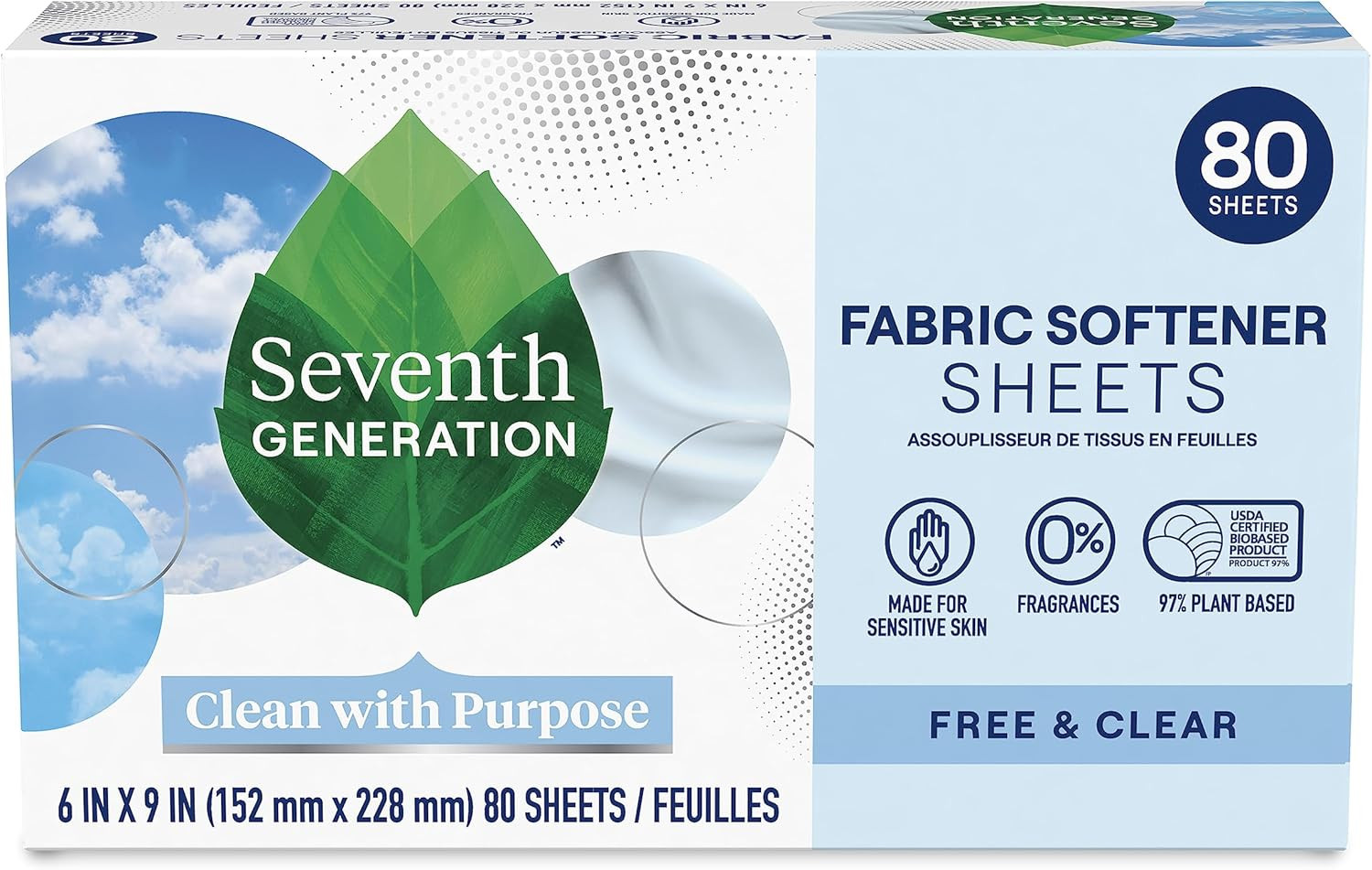 Seventh Generation Dryer Sheets Free & Clear Sensitive Skin Softener 80ct