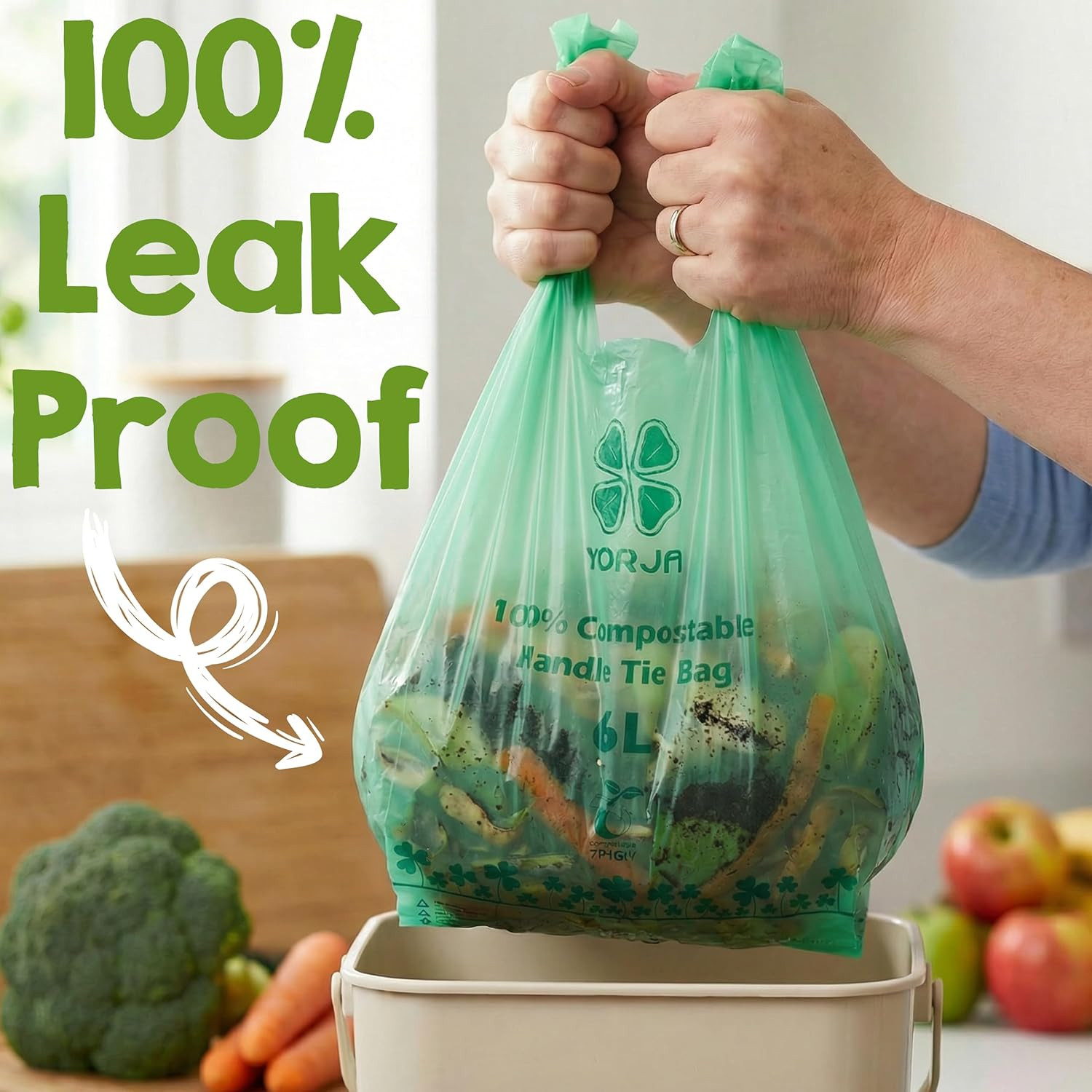 1.6 Gallon Tie Handles Compost Trash Bags 120 Food Scrap Bags, Compostable Kitch