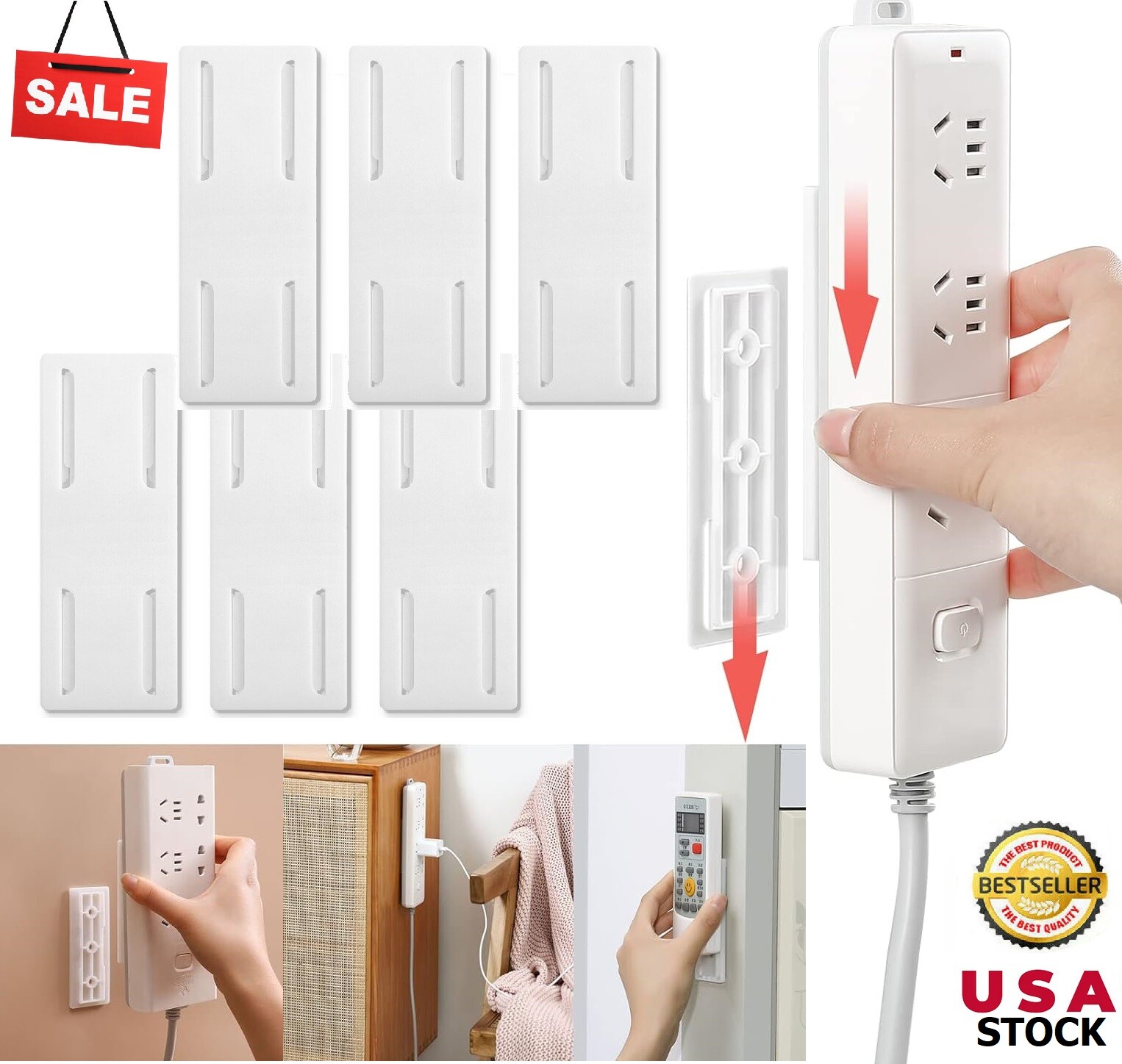 6 × Self-Adhesive Desktop Punch-Free Socket Fixer Holder Kitchen Home Office USA