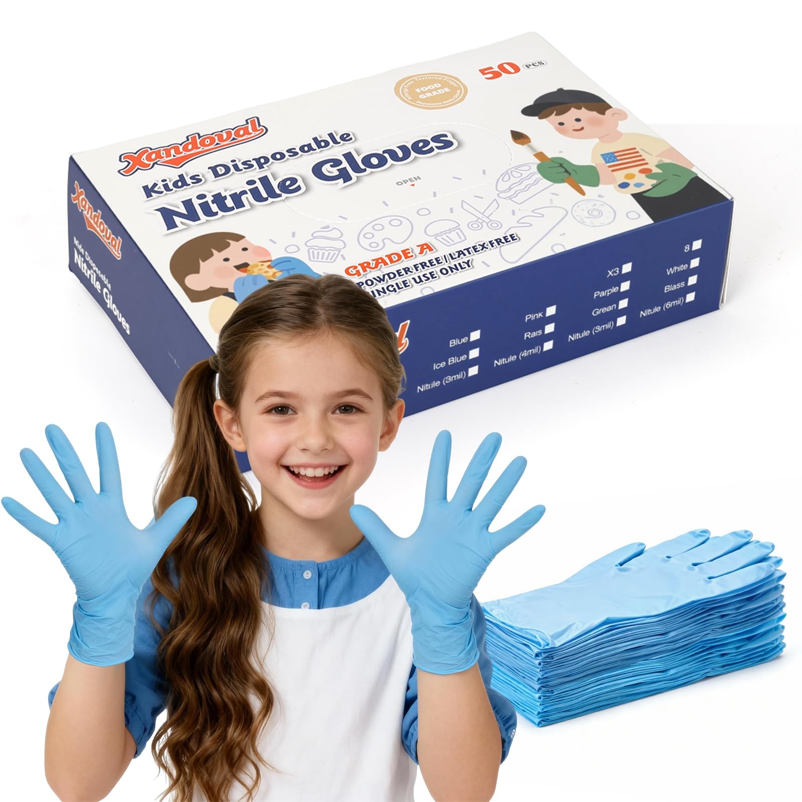 Xandoval Kids Nitrile Gloves for 6-10 Years, 5Mil Blue Small, of 50pcs