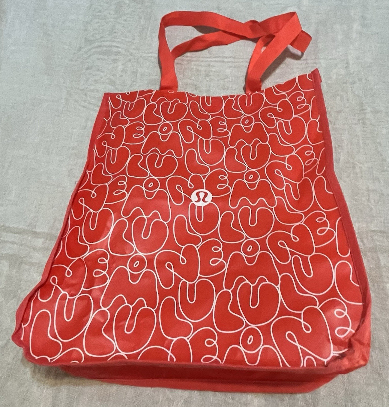 Lululemon Large Red & White Logo Reusable Shopping Bag All-Over Print