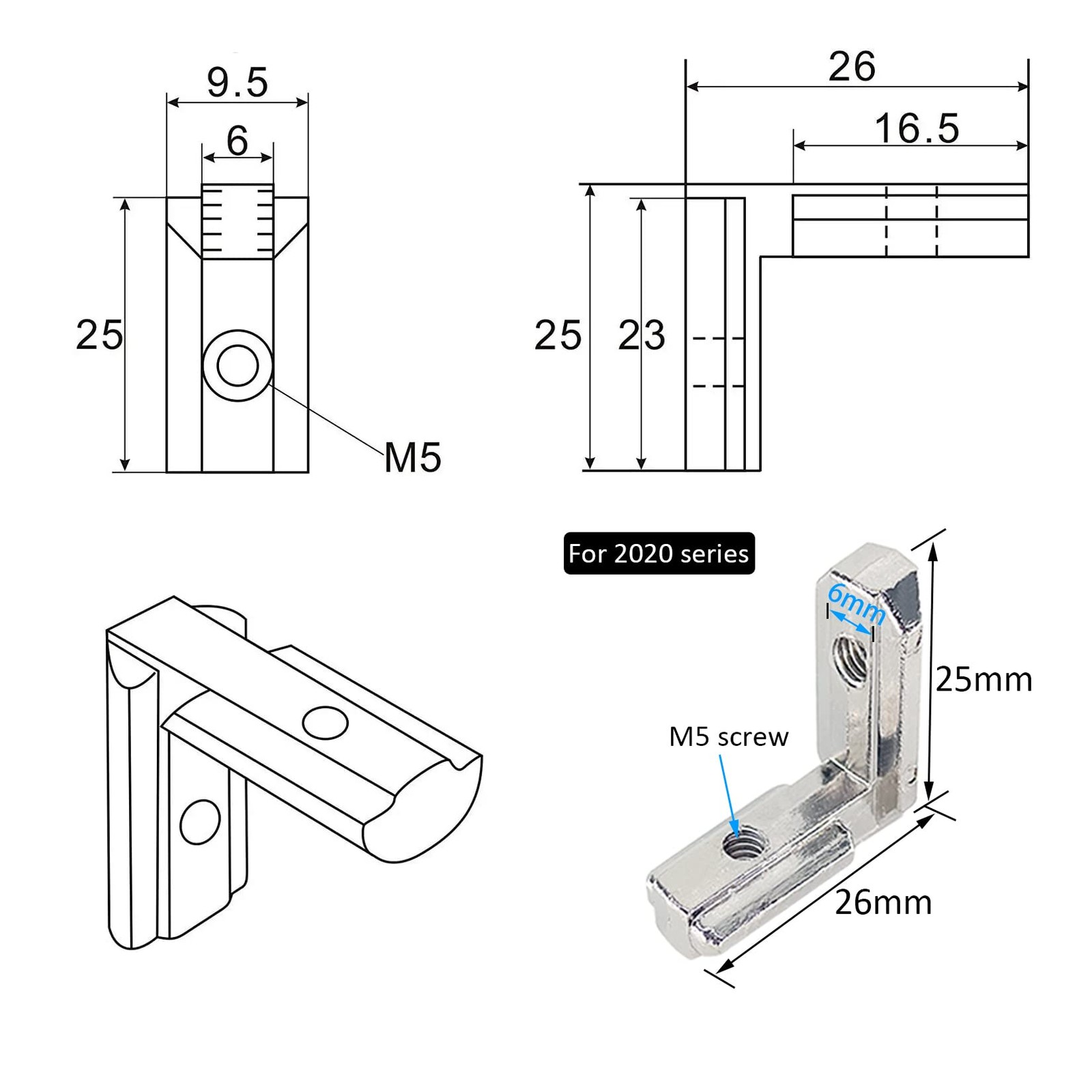 2020 Aluminum Extrusion Profile Corner Bracket Connector Kit 5mm Screw 20 PCS