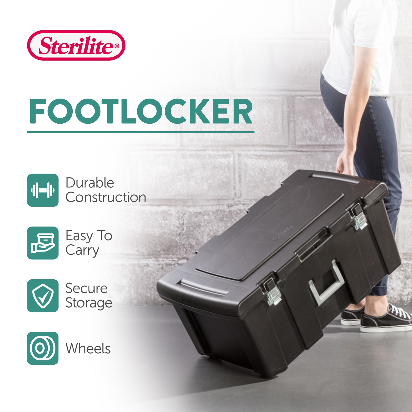 Sterilite Footlocker Stackable Storage Bin with Latching Lid with Wheels, 2 Pack