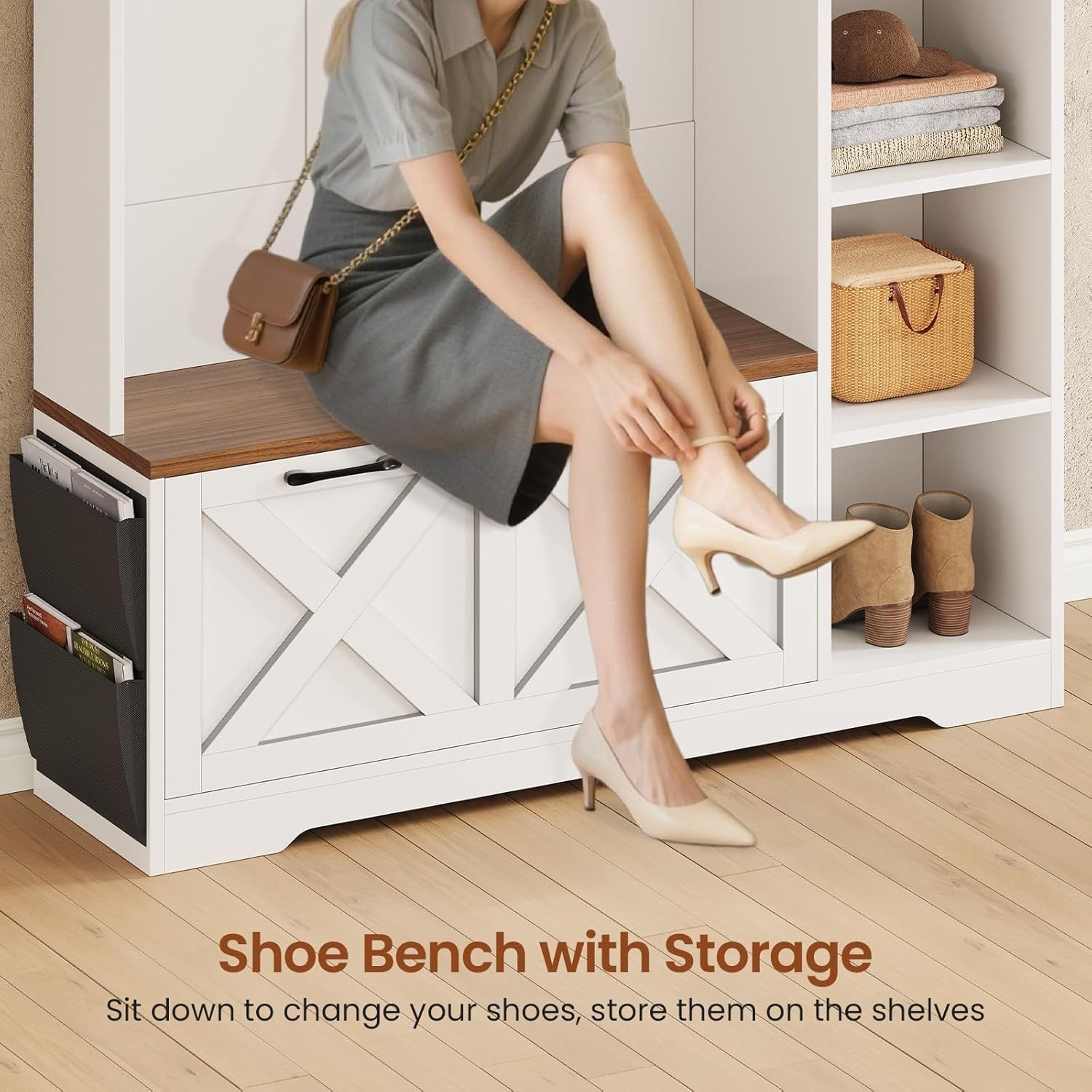Hall Tree with Shoe Storage, Farmhouse Entryway Bench w/Flip Drawers &Led Lights