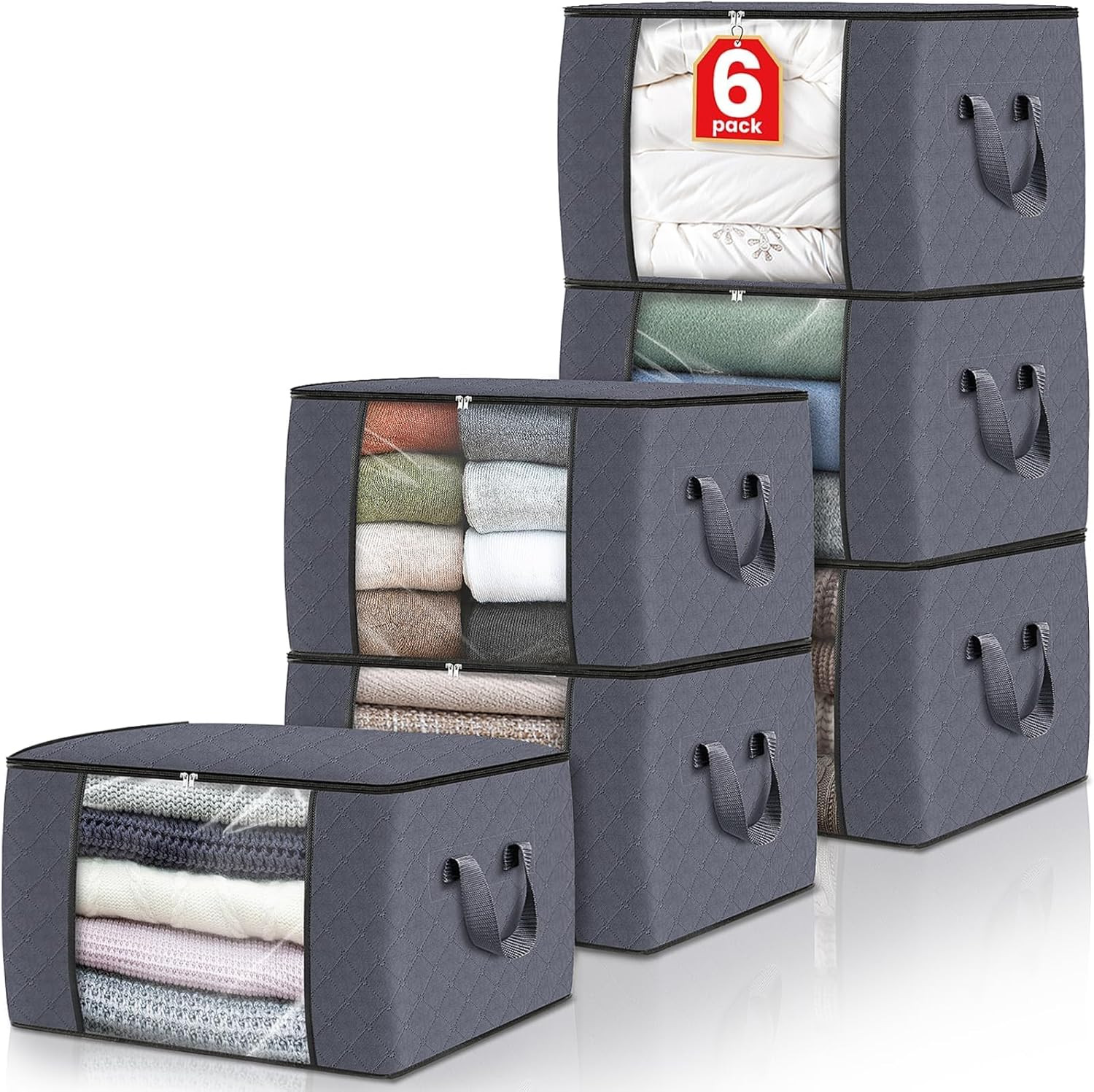 6 Pack Storage Bags for Clothes Blanket Storage Bins with Lids | Foldable Closet