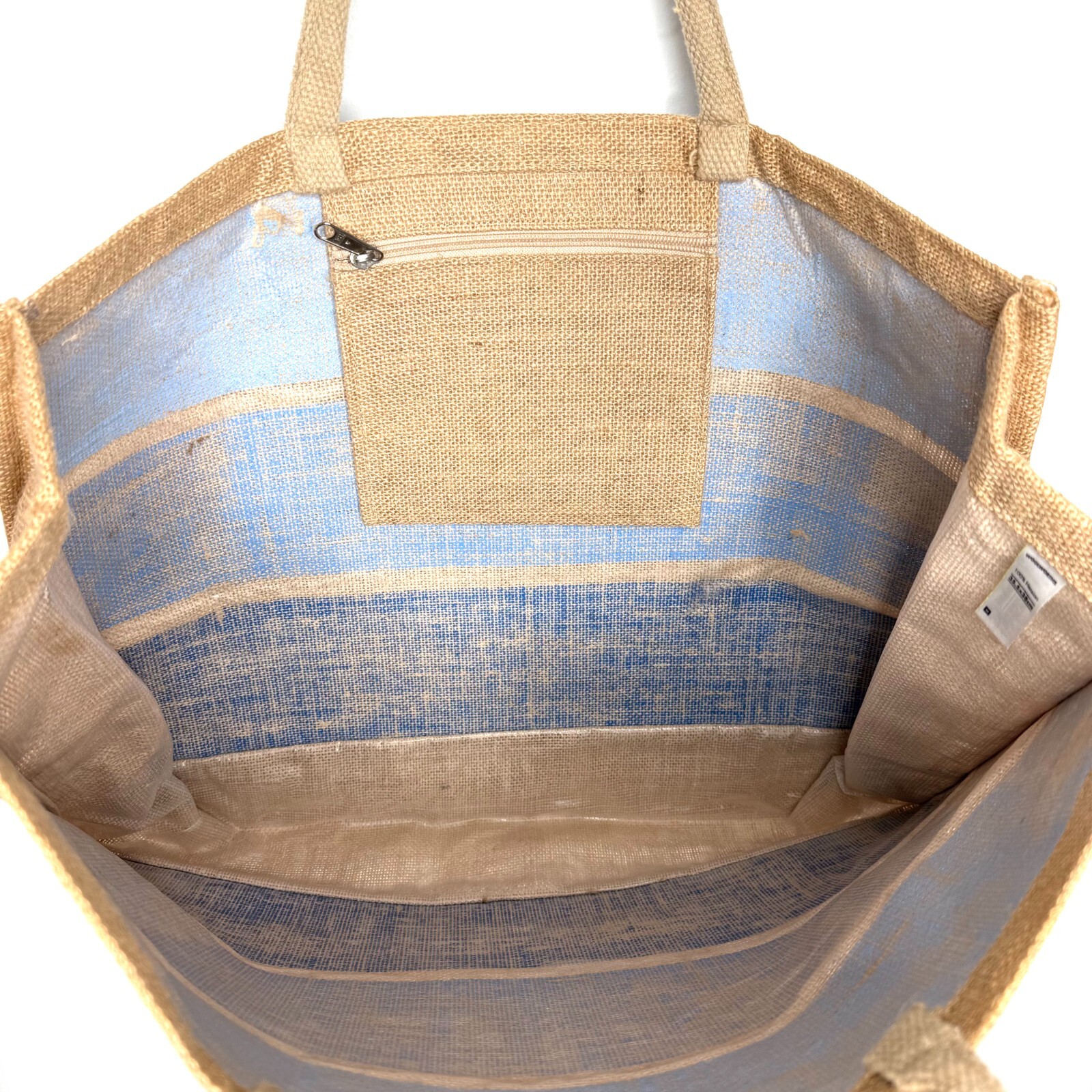 Woolworths Resuable Jute Burlap Natural Brown Large Tote Bag Blue Striped Lined