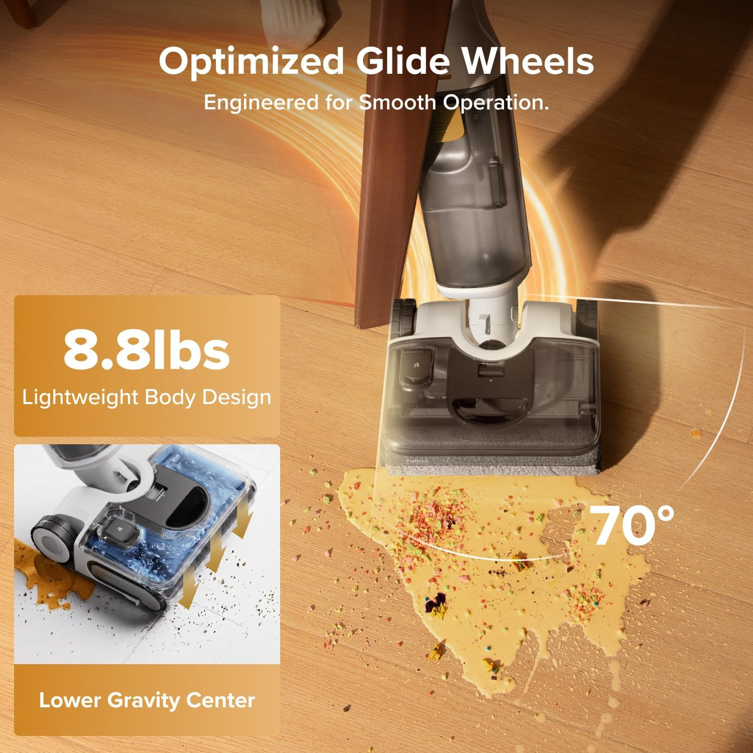 Cordless Wet Dry Vacuum Mop 20000Pa Self Cleaning 180° Lie Flat Floor Cleaner