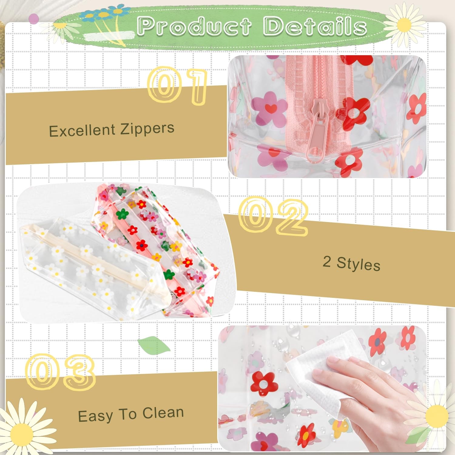 DynnnDy 6 Pcs PVC Flower Toiletries Bags with Zipper 18*9*9cm, white+colorful