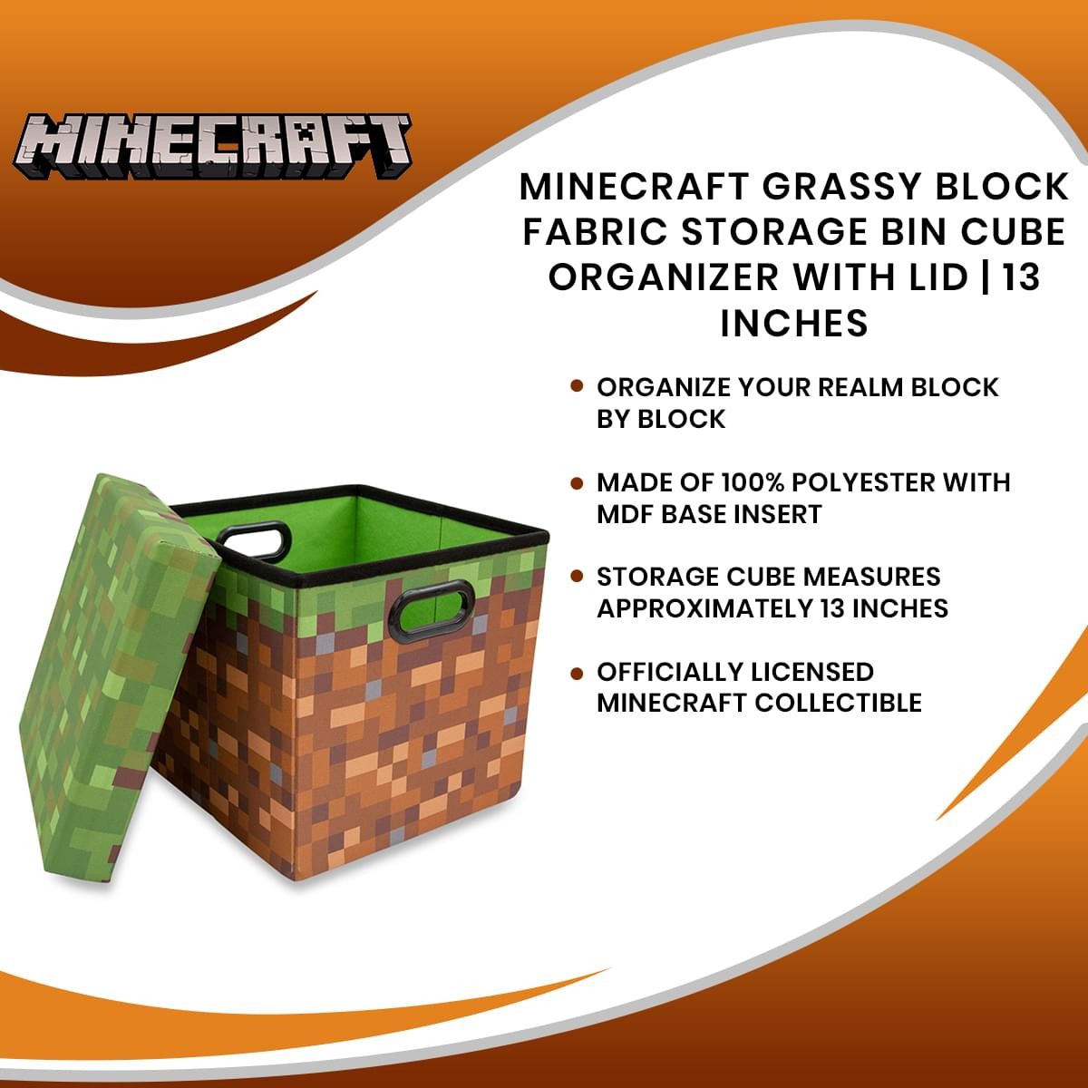 Minecraft Grassy Block Fabric Storage Bin Cube Organizer with Lid | 13 Inches